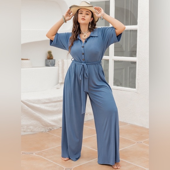 Plus Size Ribbed Half Button Tie-Waist Jumpsuit - Picture 1 of 5